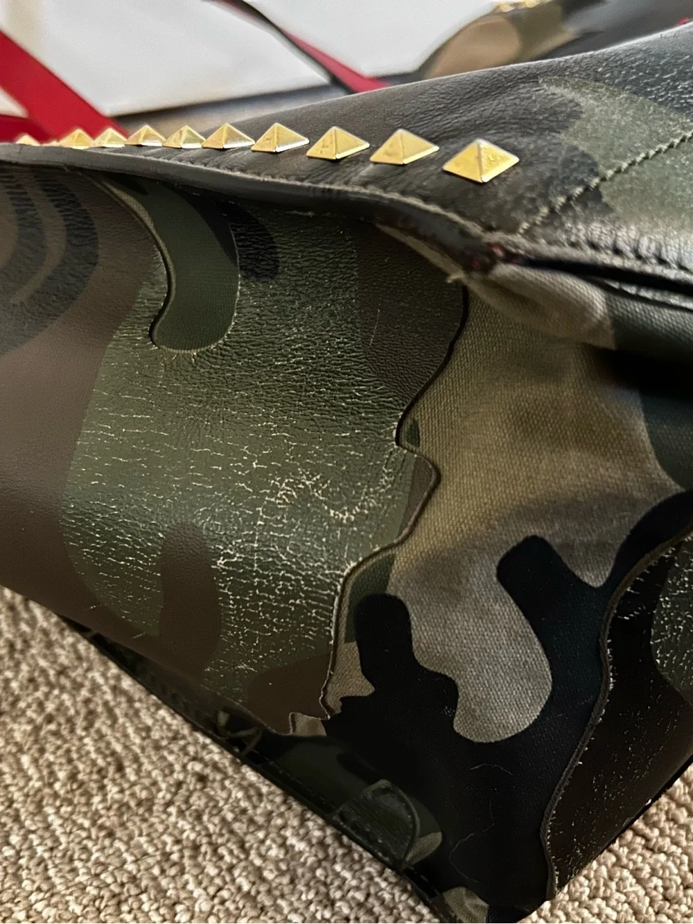 Valentino Garavani Rockstud Camouflage Tote with Red Handles and Gold Studs